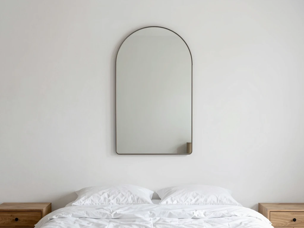 Asymmetrisk speil i minimalistisk soverom